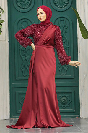 Pul İşlemeli BordoTesettür Abiye Elbise 2311BR