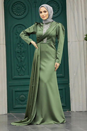 Kuyruklu Çağla Yeşili Saten Tesettür Abiye 22891CY