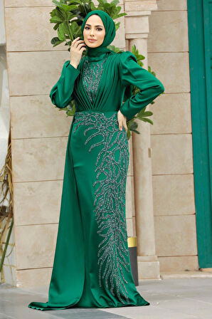 Boncuk İşlemeli Yeşil Tesettür Abiye Elbise 23122Y