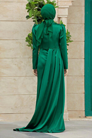 Boncuk İşlemeli Yeşil Tesettür Abiye Elbise 23122Y