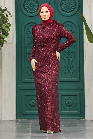 Tesettür Abiye Elbise - Pul İşlemeli Bordo Tesettür Abiye Elbise 3976BR