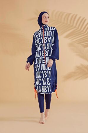 Paraşüt Harfli Lacivert Tam Kapalı Tesettür Mayo M2301-1L