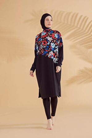 Paraşüt Çiçekli Siyah Tam Kapalı Tesettür Mayo M2313S