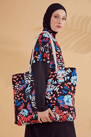 Paraşüt Çiçekli Siyah Tam Kapalı Tesettür Mayo M2313S