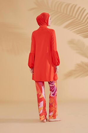 Çiçekli Turuncu Tam Kapalı Tesettür Mayo M2317T