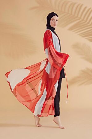 Desenli Turuncu Kimono Kaftan P2345T