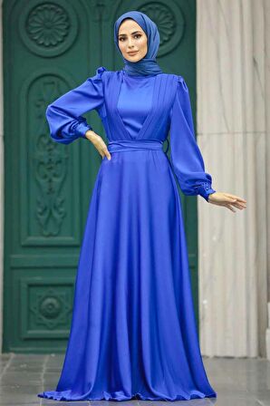 Drape Detaylı Sax Mavisi Tesettür Saten Abiye Elbise 40621SX