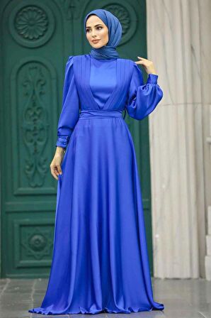 Drape Detaylı Sax Mavisi Tesettür Saten Abiye Elbise 40621SX