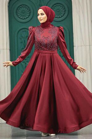 Boncuk İşlemeli Bordo Saten Tesettür Abiye Elbise 23191BR