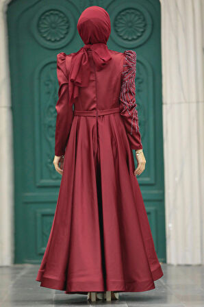 Boncuk İşlemeli Bordo Saten Tesettür Abiye Elbise 23191BR