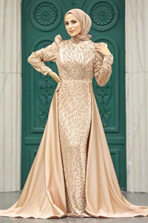 Kuyruklu Gold Tesettür Saten Abiye Elbise 23310GOLD