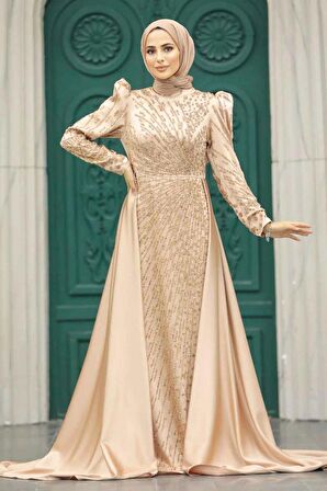 Kuyruklu Gold Tesettür Saten Abiye Elbise 23310GOLD