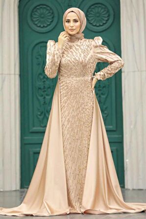 Kuyruklu Gold Tesettür Saten Abiye Elbise 23310GOLD