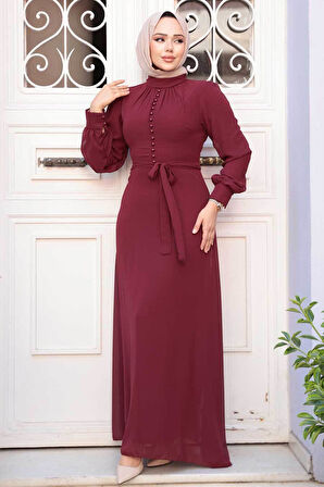 Düğme Detaylı Vişne Tesettür Elbise 2703VSN