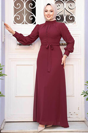 Düğme Detaylı Vişne Tesettür Elbise 2703VSN