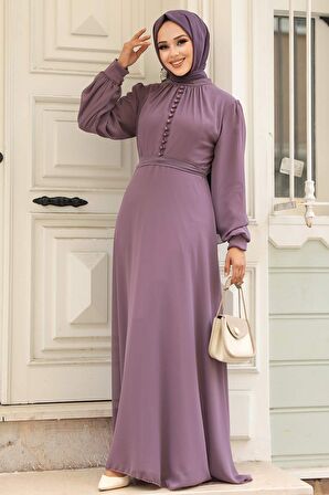 Düğme Detaylı Gül Kurusu Tesettür Elbise 2703GK