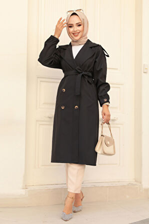Düğmeli Siyah Tesettür Trençkot 647S