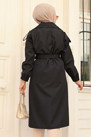 Düğmeli Siyah Tesettür Trençkot 647S