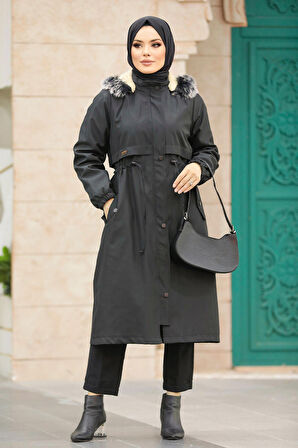 Kürklü Siyah Tesettür Parka 60651S