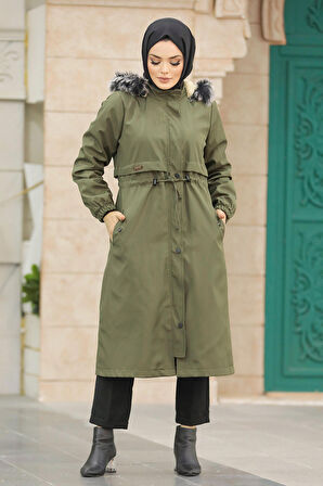 Kürklü Haki Tesettür Parka 60651HK