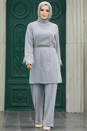 Tüy Detaylı Gri Tesettür İkili Takım 34071GR
