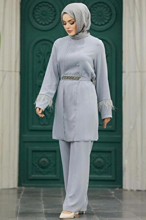 Tüy Detaylı Gri Tesettür İkili Takım 34071GR