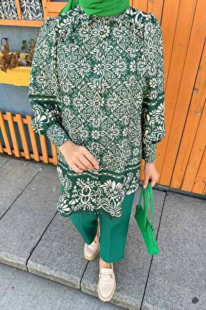 Desenli Yeşil Tesettür İkili Takım 9295Y