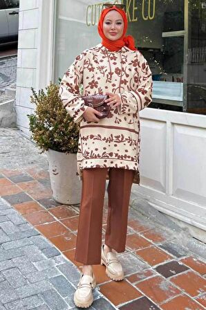 Kapşonlu Desenli Taba Tesettür İkili Takım 9296TB