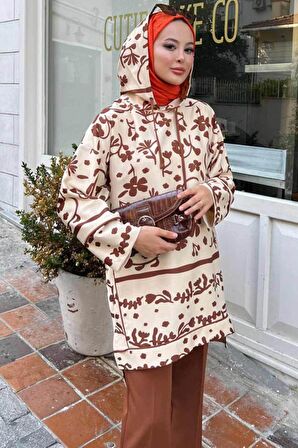 Kapşonlu Desenli Taba Tesettür İkili Takım 9296TB