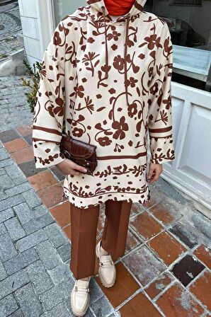 Kapşonlu Desenli Taba Tesettür İkili Takım 9296TB