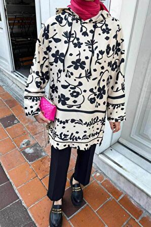 Kapşonlu Desenli Siyah Tesettür İkili Takım 9296S