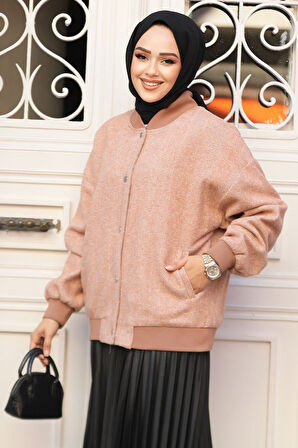 Düğmeli Camel Tesettür Bomber Ceket 9263C