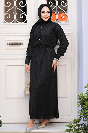 Desenli Siyah Tesettür Elbise 92691S