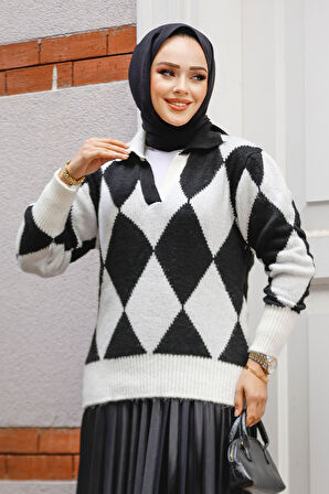 Baklava Desenli Siyah Tesettür Triko Tunik Kazak 121402S