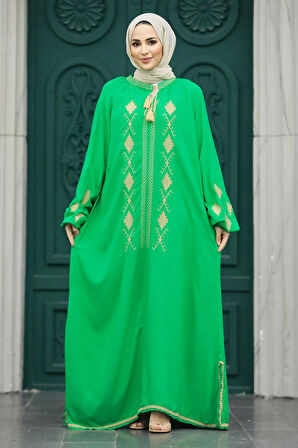 Desen Detaylı Yeşil Tesettür Elbise 10136Y
