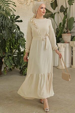 Kemerli Bej Tesettür Elbise 659BEJ