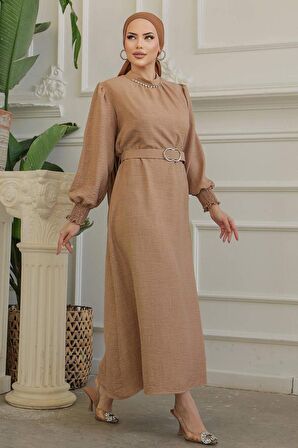Kemerli Camel Tesettür Elbise 661C
