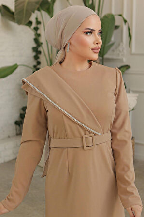 Tokalı Kemerli Bisküvi Tesettür Abiye Elbise 664BS