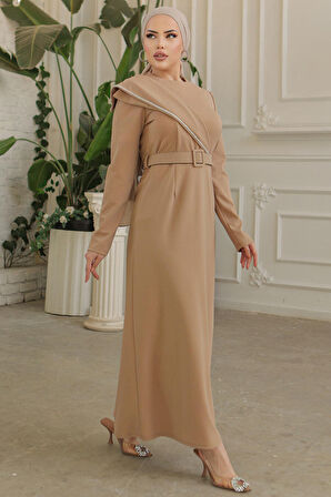 Tokalı Kemerli Bisküvi Tesettür Abiye Elbise 664BS