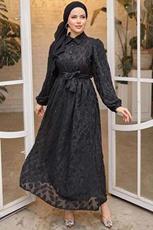 Desenli Siyah Tesettür Elbise 14012S