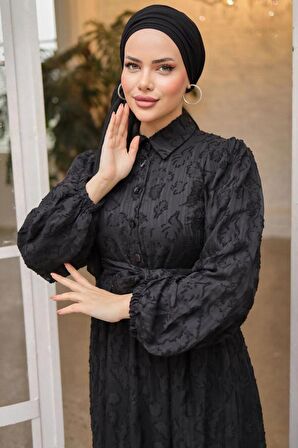 Desenli Siyah Tesettür Elbise 14012S