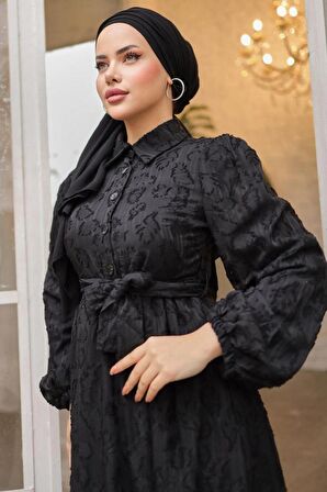 Desenli Siyah Tesettür Elbise 14012S