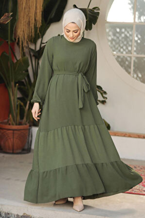 Pilise Detaylı Haki Tesettür Elbise 57351HK