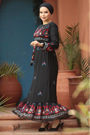 Çiçek Desenli Siyah Tesettür Elbise 23231S