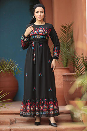 Çiçek Desenli Siyah Tesettür Elbise 23231S