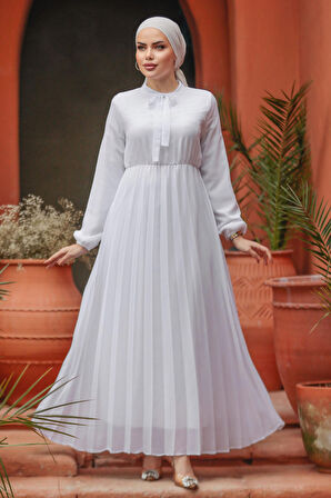 Yakası Bağlamalı Beyaz Tesettür Elbise 50351B