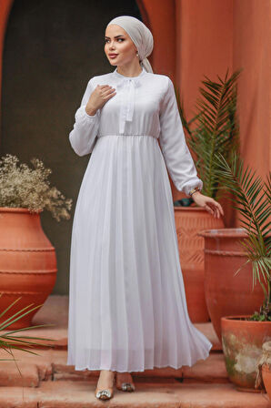 Yakası Bağlamalı Beyaz Tesettür Elbise 50351B