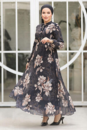 Çiçek Desenli Siyah Tesettür Elbise 50355S