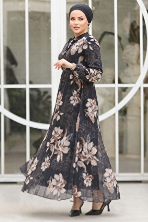 Çiçek Desenli Siyah Tesettür Elbise 50355S