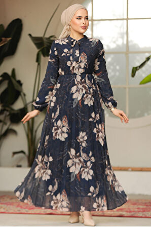 Çiçek Desenli Lacivert Tesettür Elbise 50355L